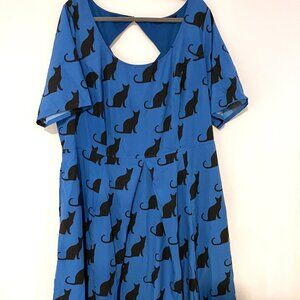 Blue Plus-Sized Cat Print Dress